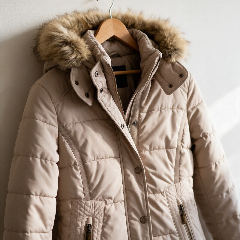 Detail of a beige puffer jacket with faux fur hood trim