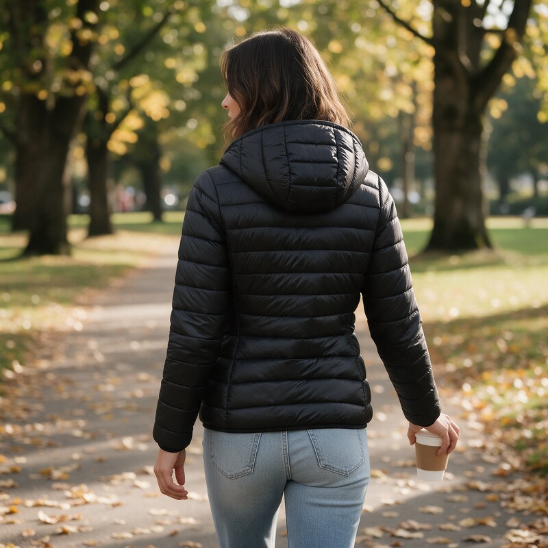 Woman in a black puffer jacket walking through an autumn park