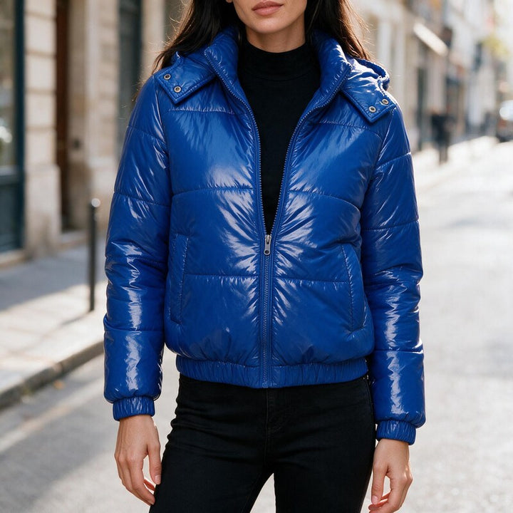 Puffer Jacket Women Cropped | Glossy Finish with Hood – Blue#colour_blue