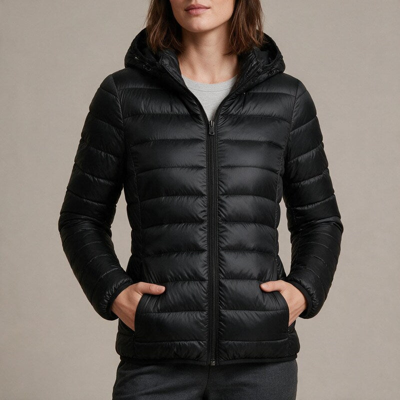 Puffer Jacket Women Hooded | Slim Fit Lightweight Quilting – Black#colour_black