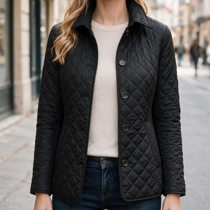 Puffer Jacket Women Diamond Quilted | Button Front Belted Waist – Black#colour_black