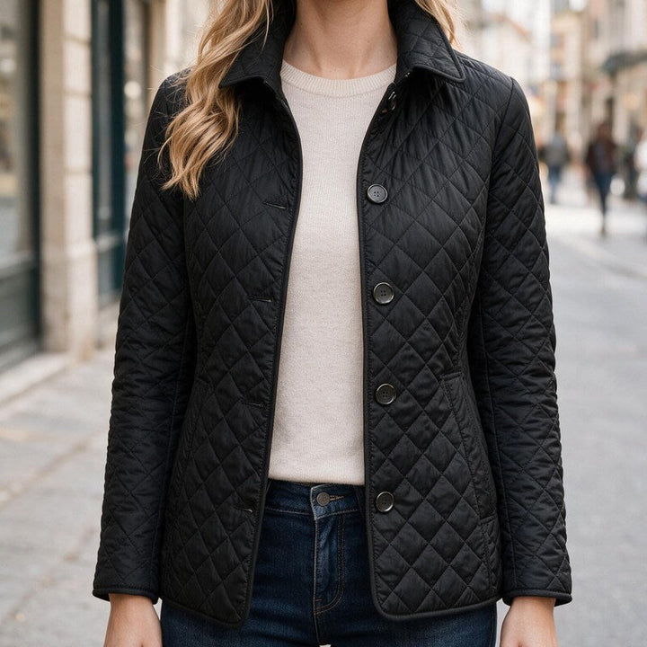 Puffer Jacket Women Diamond Quilted | Button Front Belted Waist – Black#colour_black