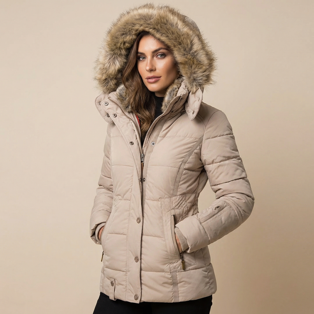 Puffer Jacket Women Fitted Cotton | Removable Faux Fur Hood Trim – Beige#colour_beige