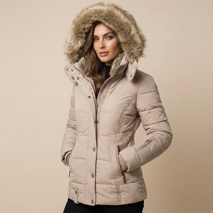 Puffer Jacket Women Fitted Cotton | Removable Faux Fur Hood Trim – Beige#colour_beige