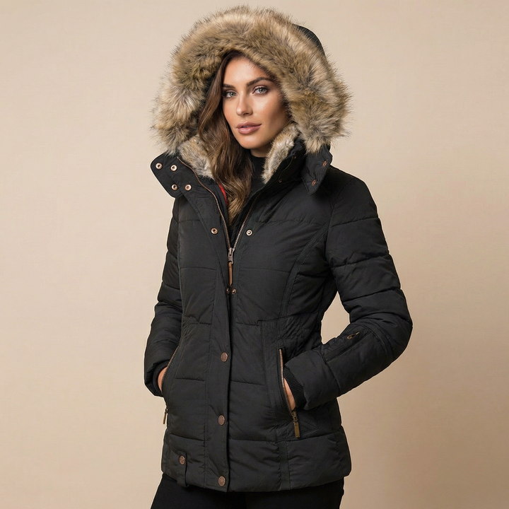 Puffer Jacket Women Fitted Cotton | Removable Faux Fur Hood Trim – Black#colour_black