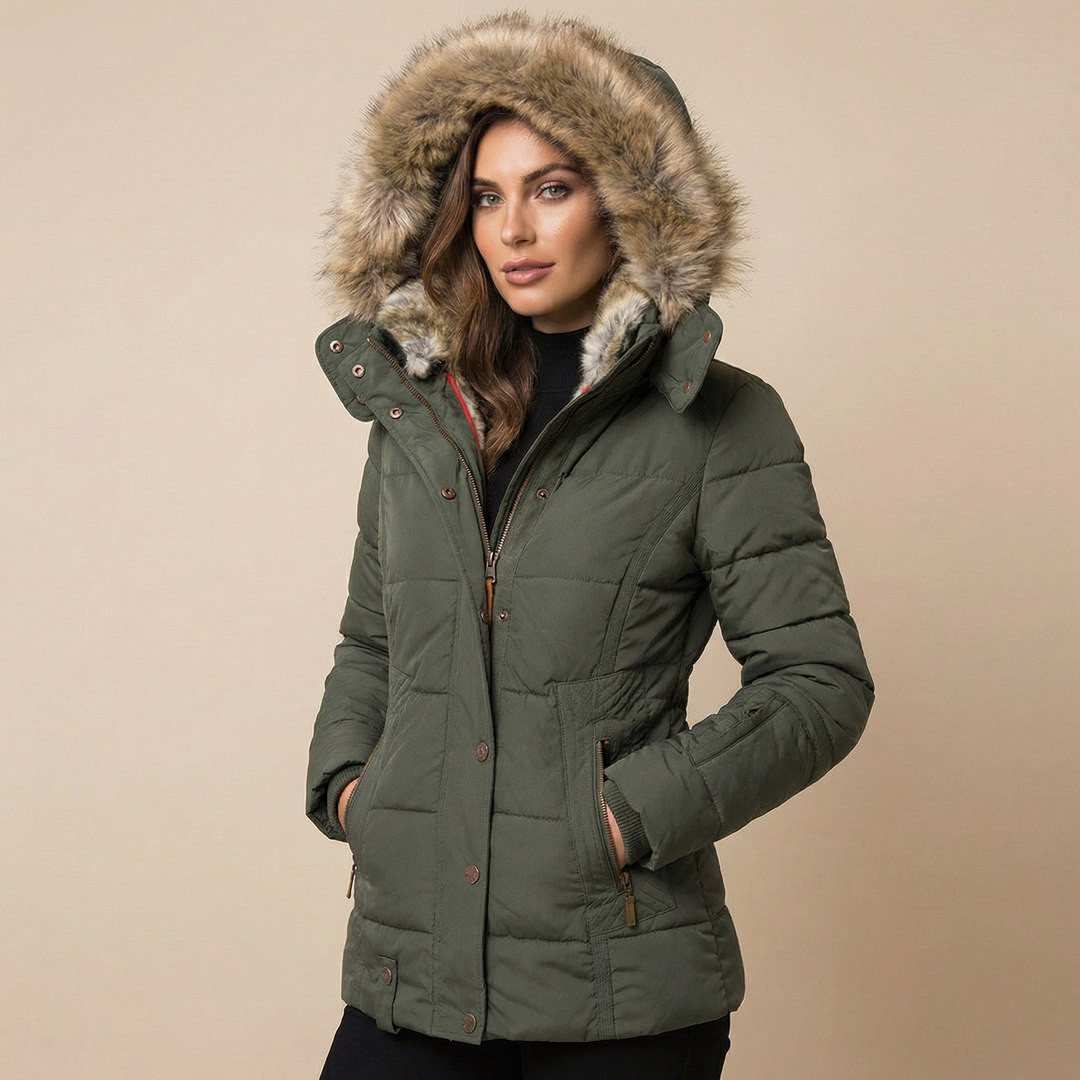 Puffer Jacket Women Fitted Cotton | Removable Faux Fur Hood Trim – Olive Green#colour_olive-green