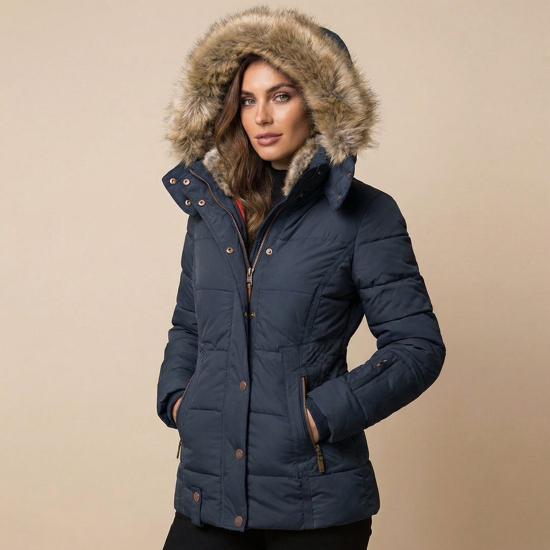 Puffer Jacket Women Fitted Cotton | Removable Faux Fur Hood Trim – Navy#colour_navy