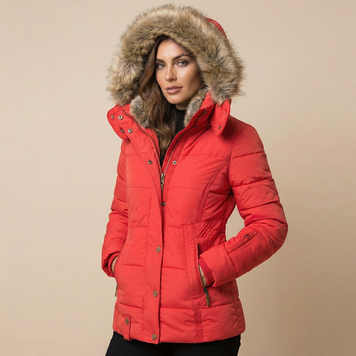 Puffer Jacket Women Fitted Cotton | Removable Faux Fur Hood Trim – Red#colour_red