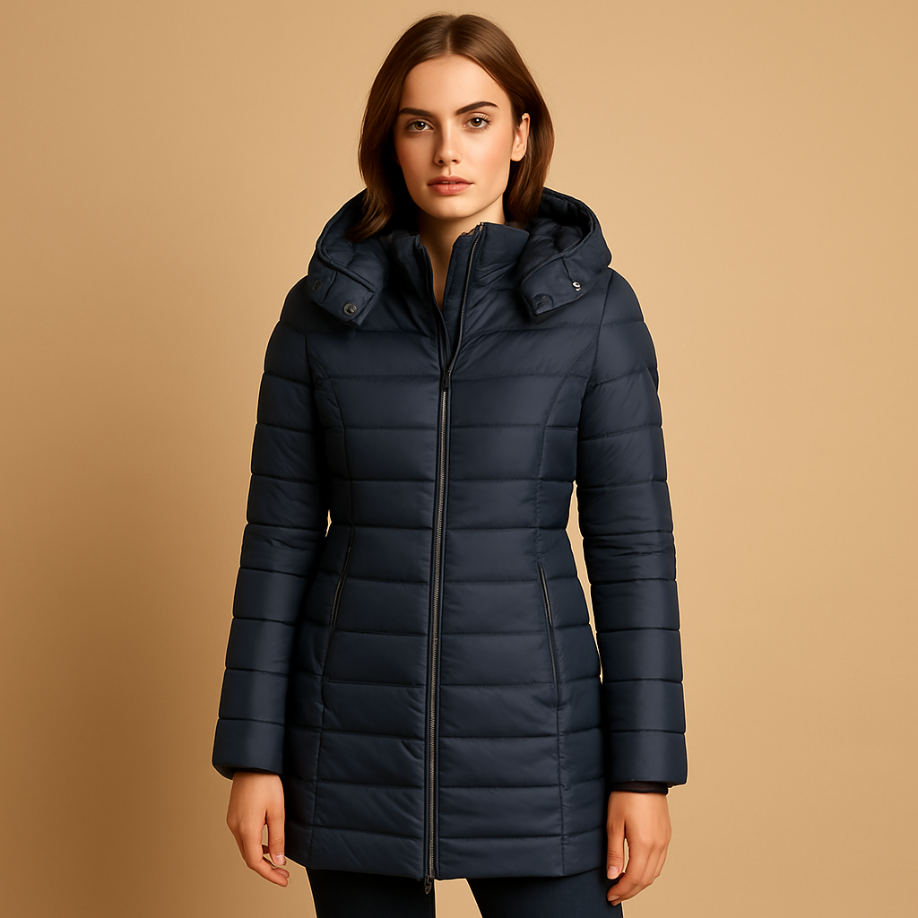 Puffer Jacket Women Long | Slim Hooded Mid-Thigh Length – Navy#colour_navy