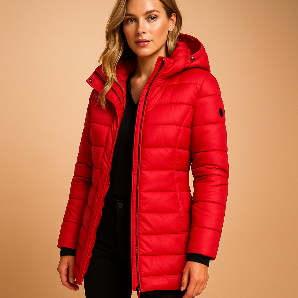 Puffer Jacket Women Long | Slim Hooded Mid-Thigh Length – Red#colour_red