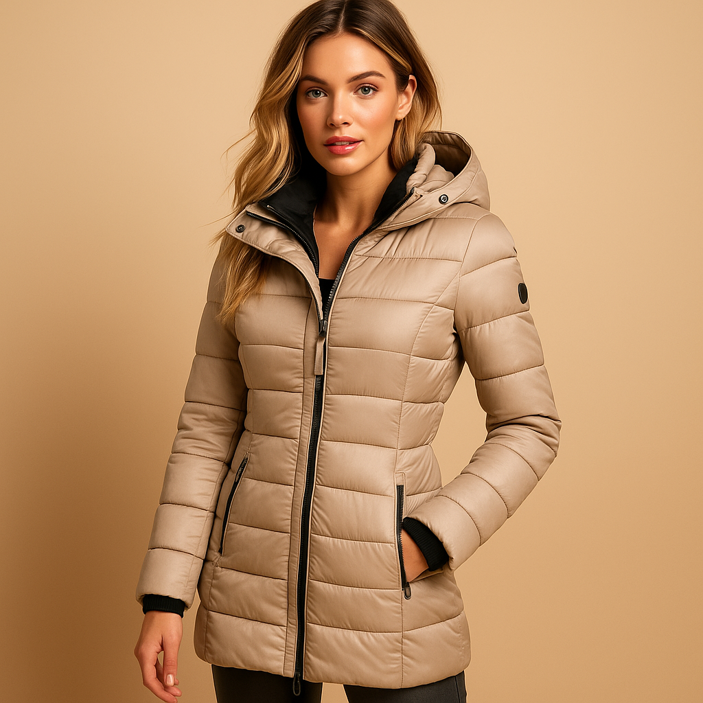 Puffer Jacket Women Long | Slim Hooded Mid-Thigh Length – Beige#colour_beige