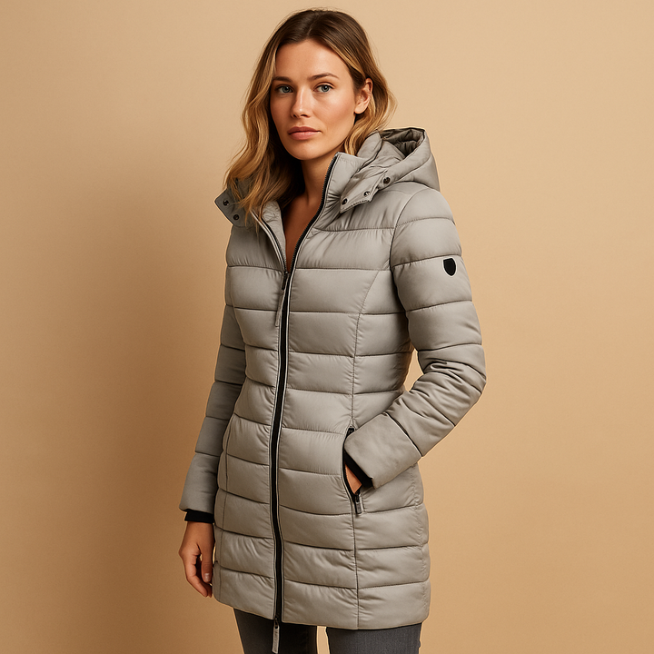 Puffer Jacket Women Long | Slim Hooded Mid-Thigh Length – Grey#colour_grey