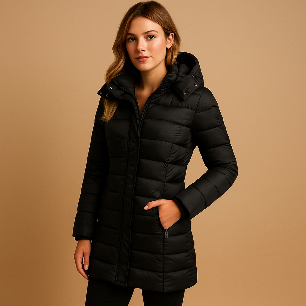 Puffer Jacket Women Long | Slim Hooded Mid-Thigh Length – Black#colour_black