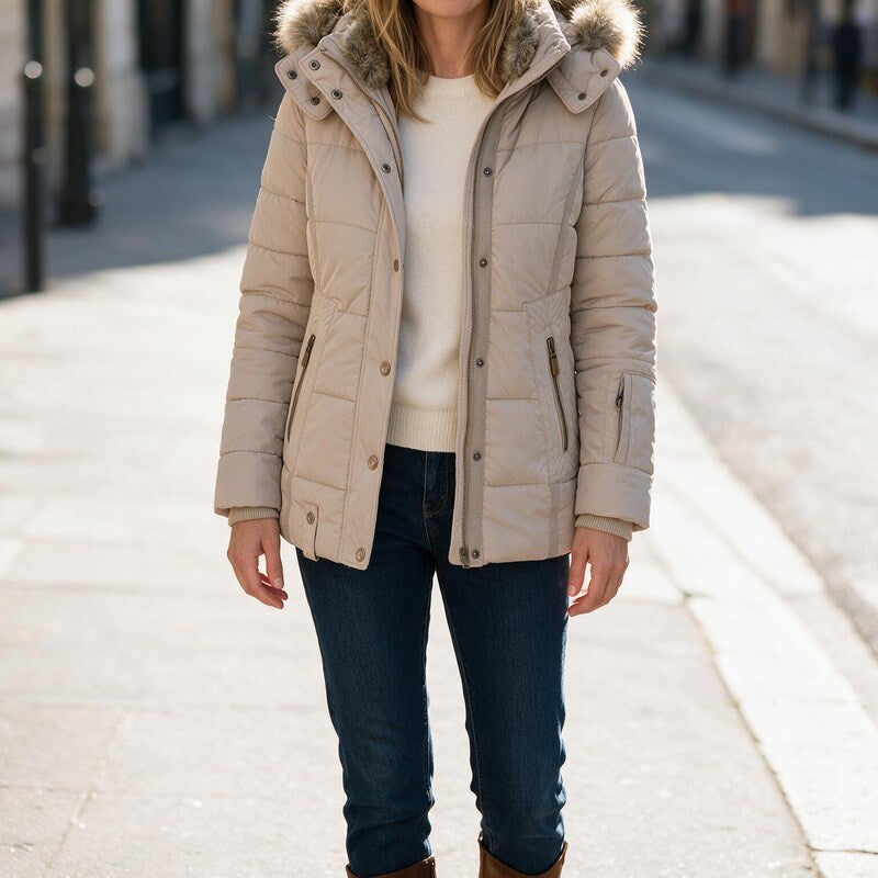 Puffer Jacket Women Fitted Cotton | Removable Faux Fur Hood Trim – Beige#colour_beige