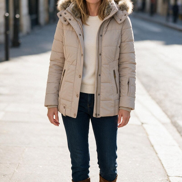 Puffer Jacket Women Fitted Cotton | Removable Faux Fur Hood Trim – Beige#colour_beige