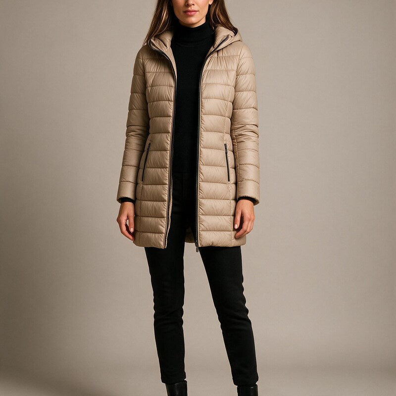Puffer Jacket Women Long | Slim Hooded Mid-Thigh Length – Beige#colour_beige