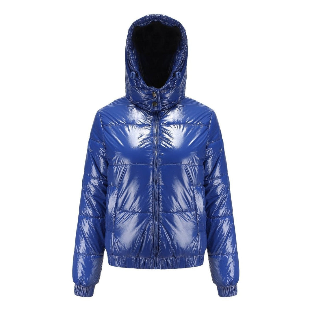 Puffer Jacket Women Cropped | Glossy Finish with Hood – Blue#colour_blue