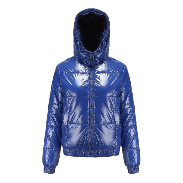 Puffer Jacket Women Cropped | Glossy Finish with Hood – Blue#colour_blue