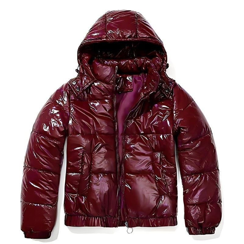 Puffer Jacket Women Cropped | Glossy Finish with Hood – Burgundy#colour_burgundy
