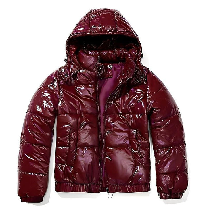Puffer Jacket Women Cropped | Glossy Finish with Hood – Burgundy#colour_burgundy