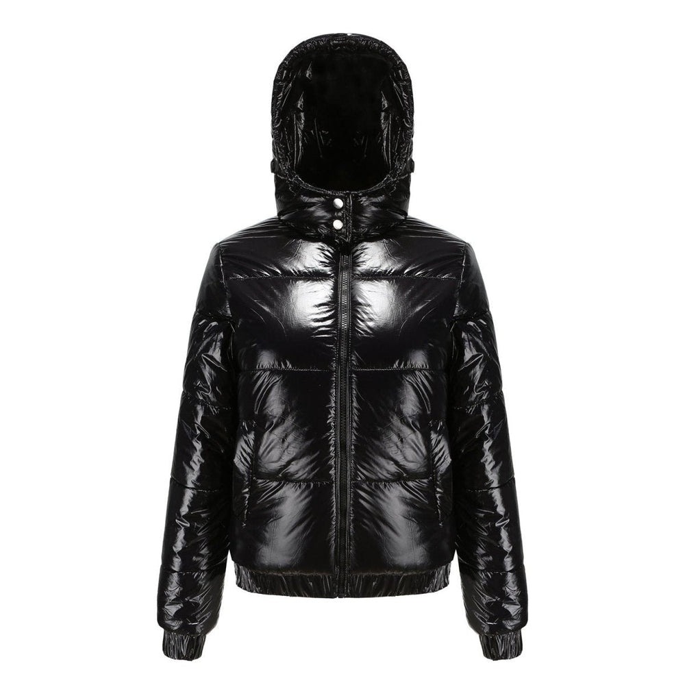 Puffer Jacket Women Cropped | Glossy Finish with Hood – Black#colour_black