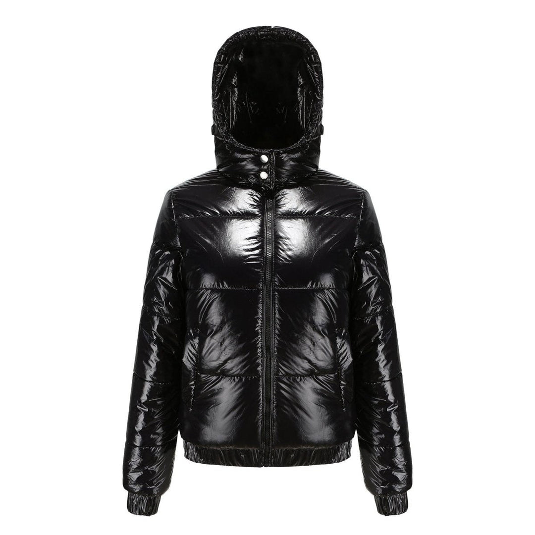 Puffer Jacket Women Cropped | Glossy Finish with Hood – Black#colour_black