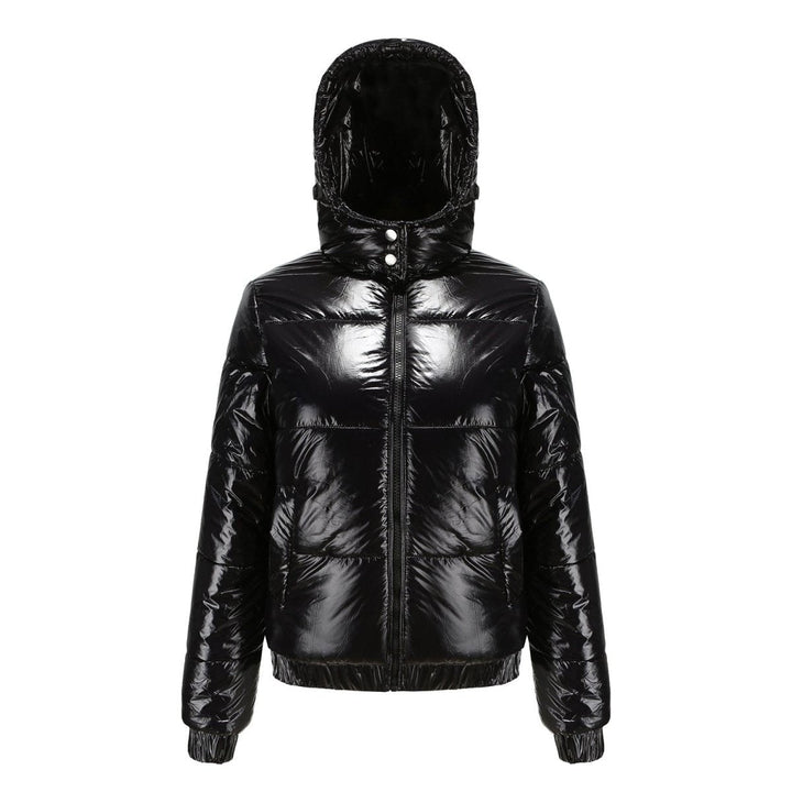 Puffer Jacket Women Cropped | Glossy Finish with Hood – Black#colour_black