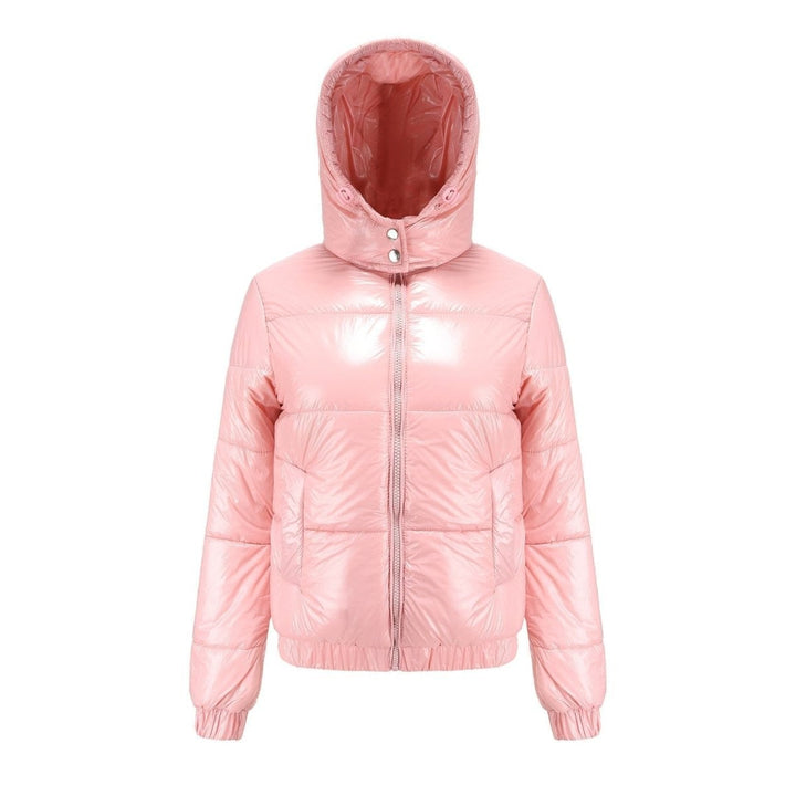 Puffer Jacket Women Cropped | Glossy Finish with Hood – Pink#colour_pink