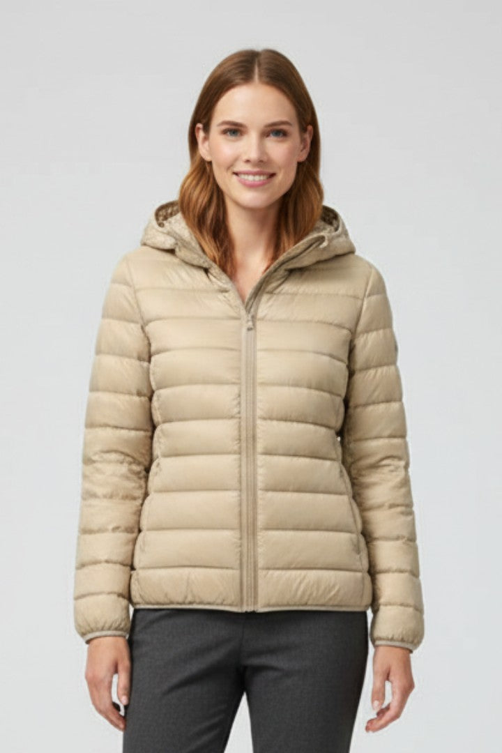 Puffer Jacket Women Hooded | Slim Fit Lightweight Quilting – Beige#colour_beige