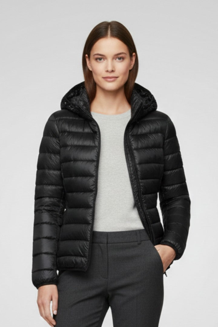 Puffer Jacket Women Hooded | Slim Fit Lightweight Quilting – Black#colour_black