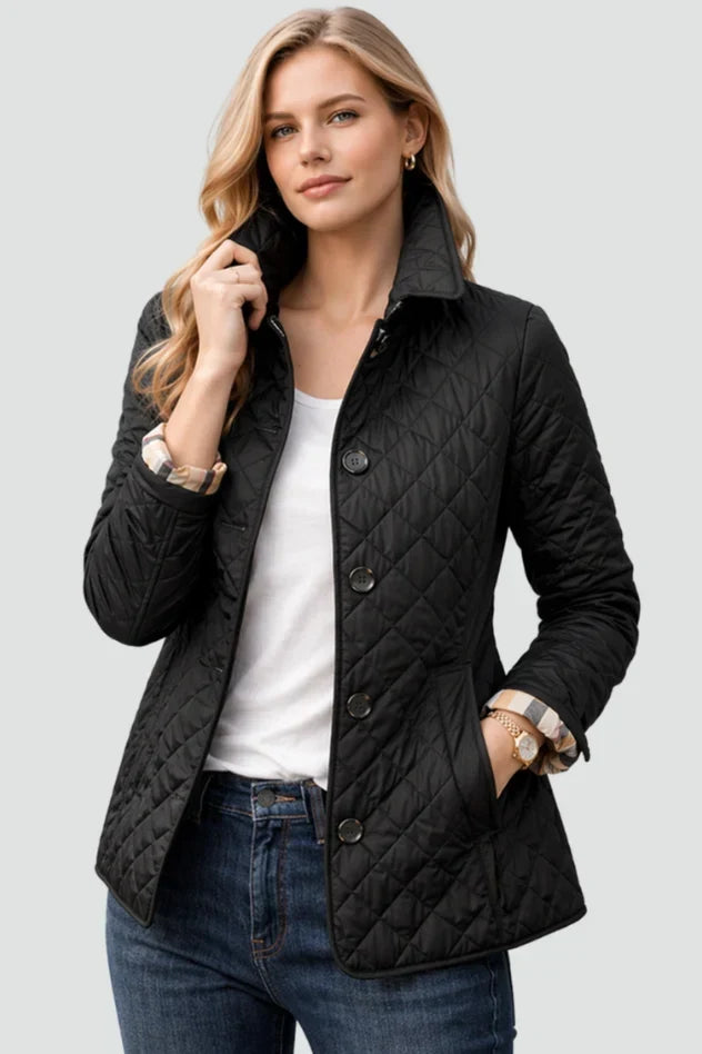 Puffer Jacket Women Diamond Quilted | Button Front Belted Waist – Black#colour_black