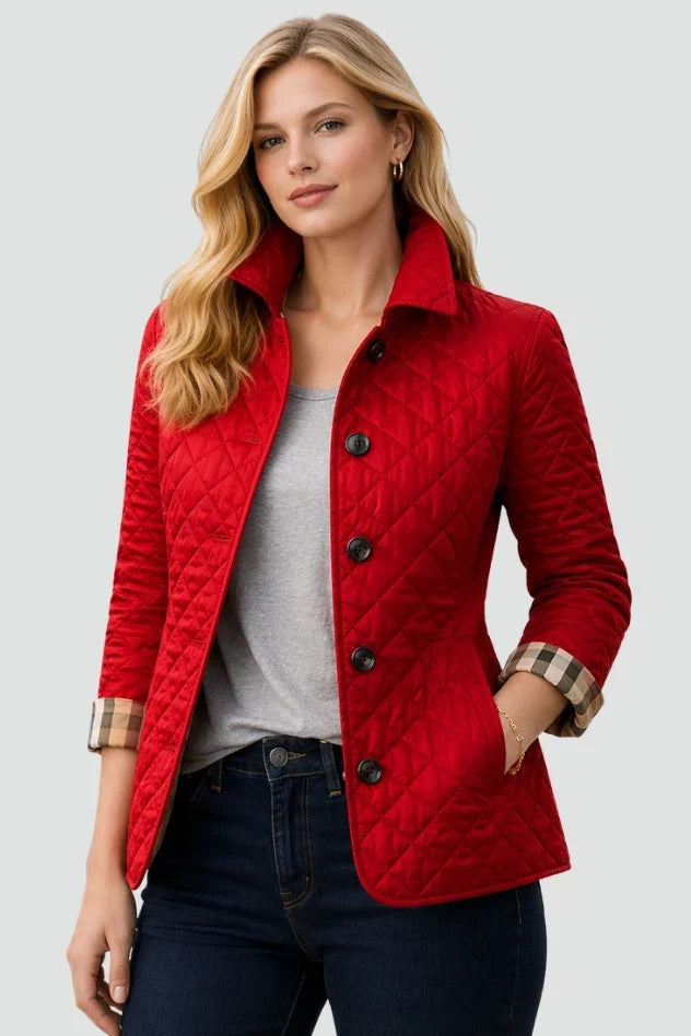Puffer Jacket Women Diamond Quilted | Button Front Belted Waist – Red#colour_red